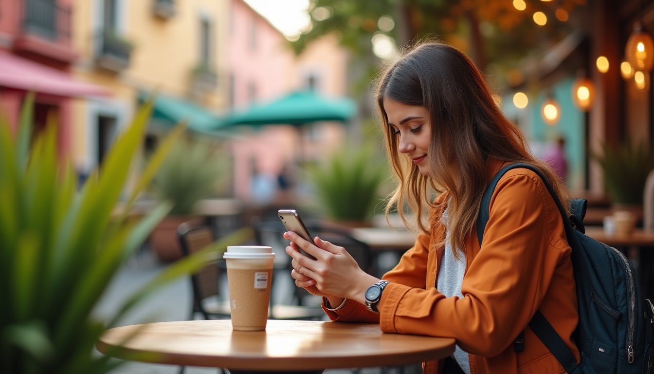מטייל משתמש בטלפון עם eSIM בטרמינל של שדה תעופה