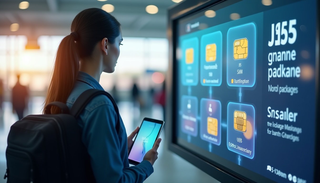 מטייל בשדה תעופה בוחן אפשרויות חבילות eSIM במסך דיגיטלי.