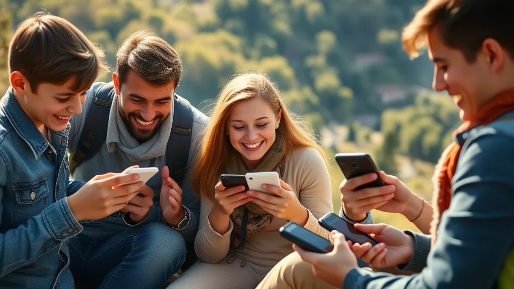 משפחה מאושרת משתמשת בטכנולוגיית eSIM בטבע