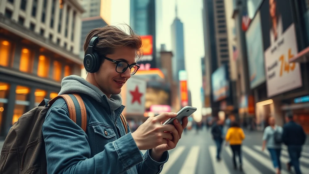 מטייל טכנולוגי משתמש בסמארטפון עם eSIM בעיר תוססת