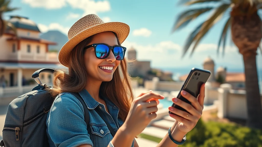 מטייל עם סמארטפון בטכנולוגיית eSIM במקום ציורי.