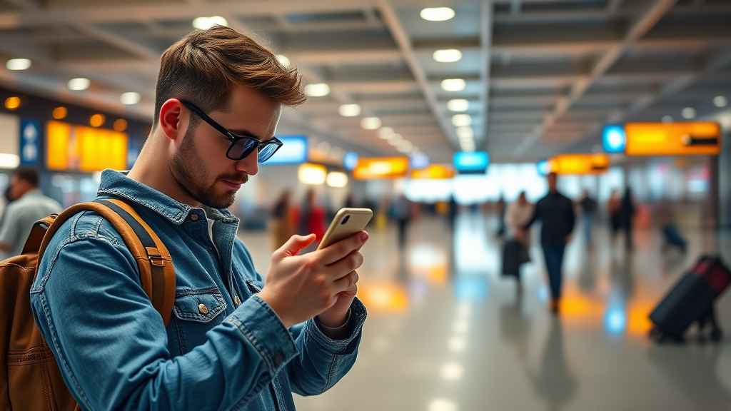 מטייל סורק QR עבור הפעלת eSIM בשדה תעופה