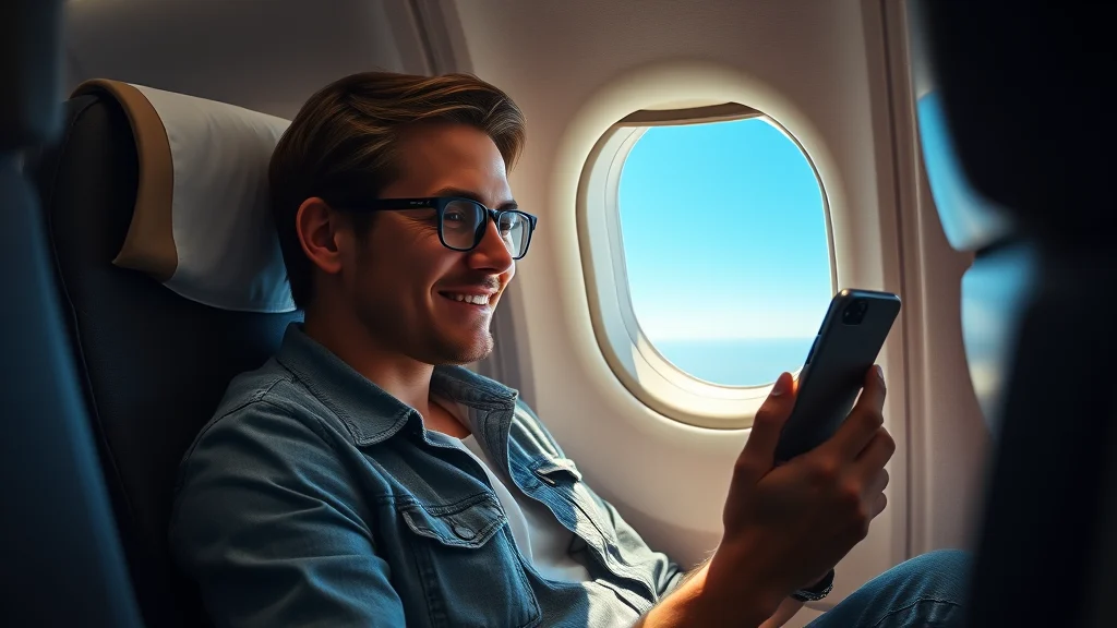נוסע במטוס משתמש בסמארטפון עם eSIM, מחובר באינטרנט.